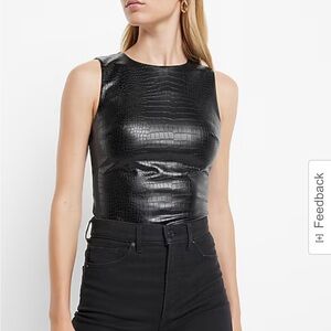 Express Body Contour Croc Faux Leather High Neck Thong Bodysuit